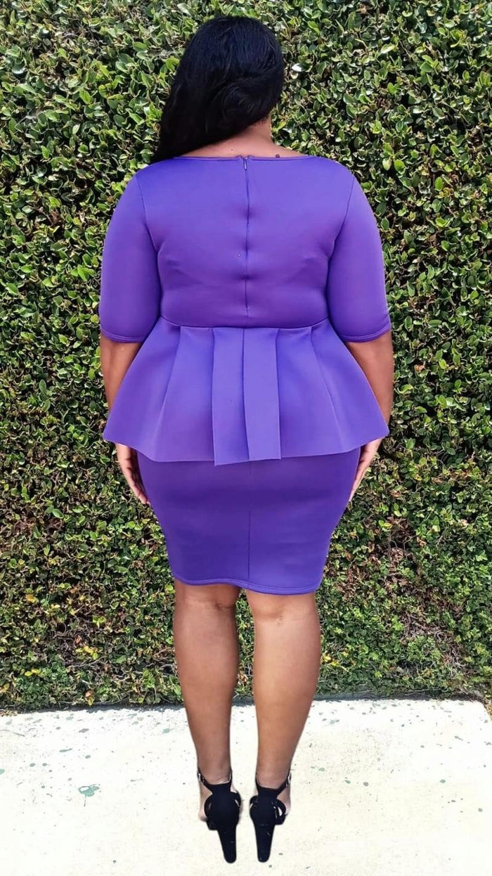 Plus Size Scuba Round  Neck Ruff Hem Peplum Knee Dress