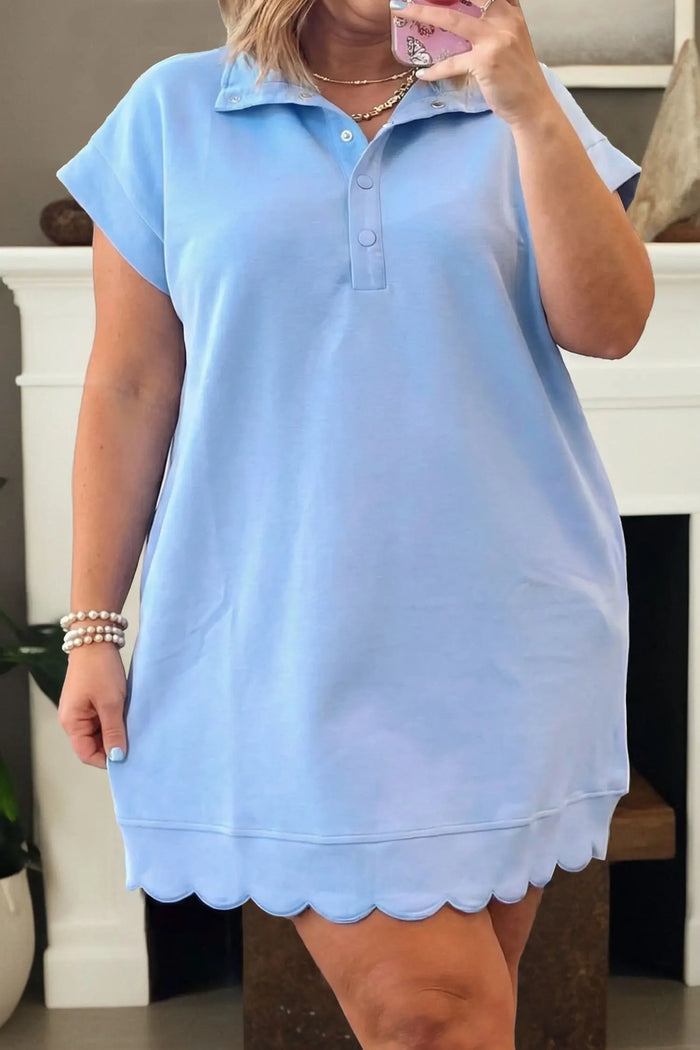 Plus Size Solid Scalloped Hem Button Neck Pullover Mini Dress – Beau Blue