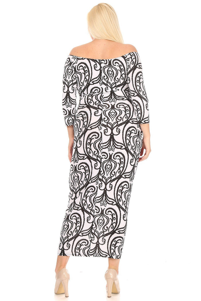 Plus Size Women Damask Design Off-Shoulder Bodycon Dress Maxi Dress