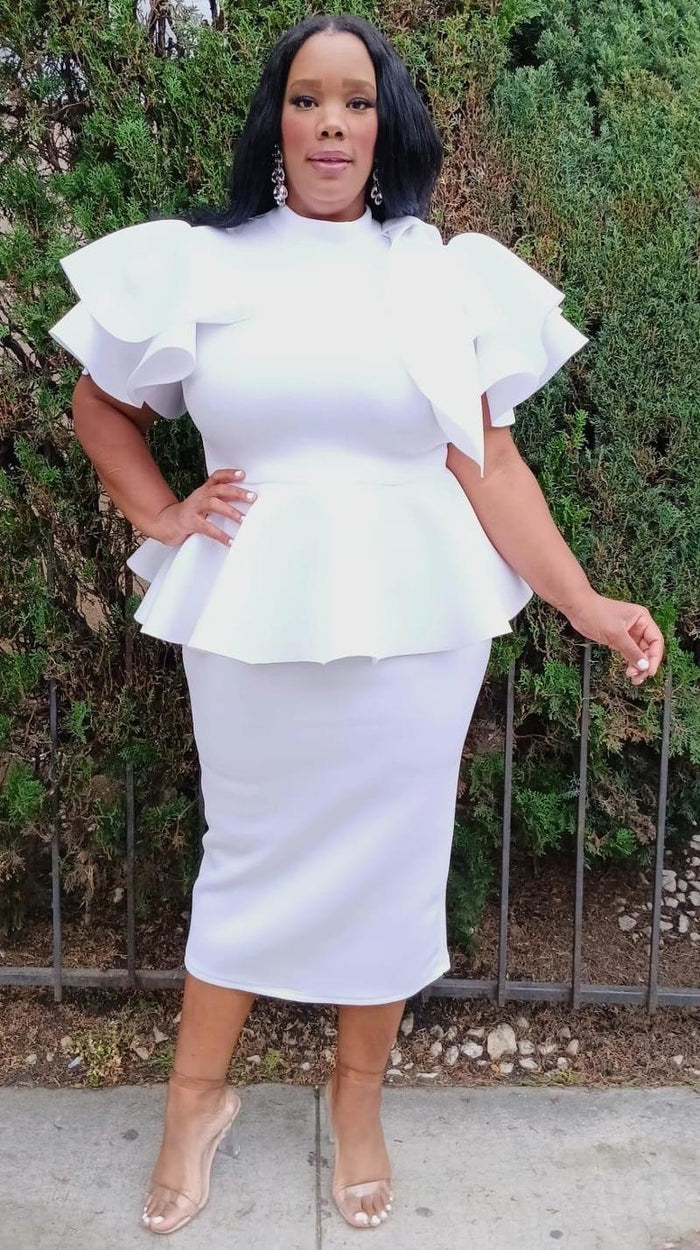 Plus Size Women Fluffy Bow Tie shoulder Hem Peplum Blouse and Skirt Set