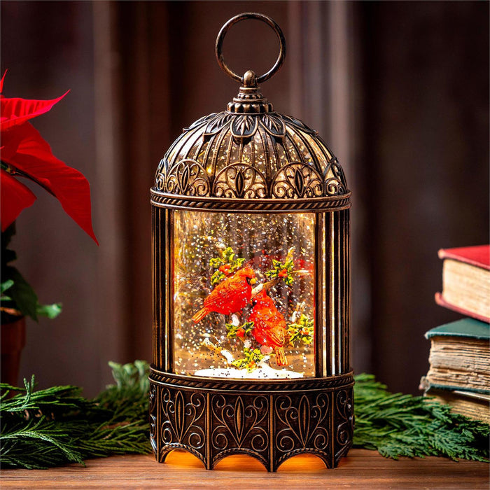 Poinsettia LED Cardinal in Birdcage Water Lantern Holiday