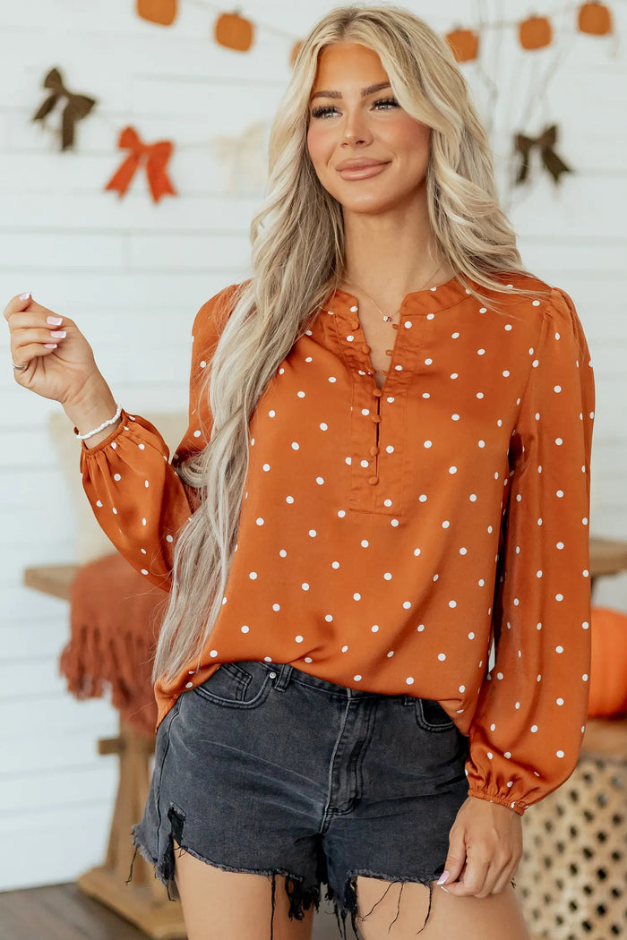 Polka Dot Half Button V Neck Long Sleeve Blouse – Brown