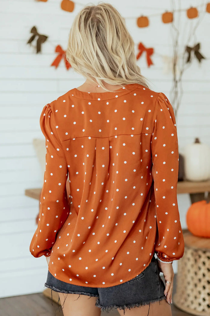 Polka Dot Half Button V Neck Long Sleeve Blouse – Brown