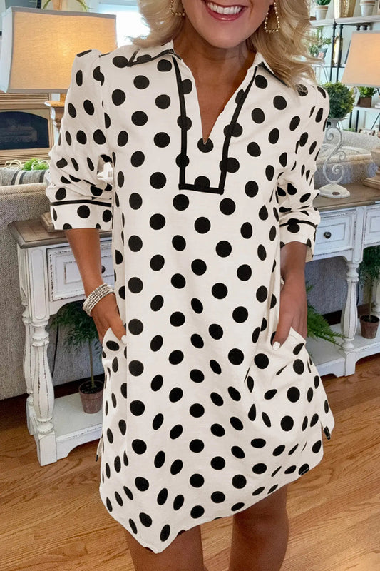 Polka Dot Half Sleeve Collar V Neck Pocketed Casual Mini Dress – White