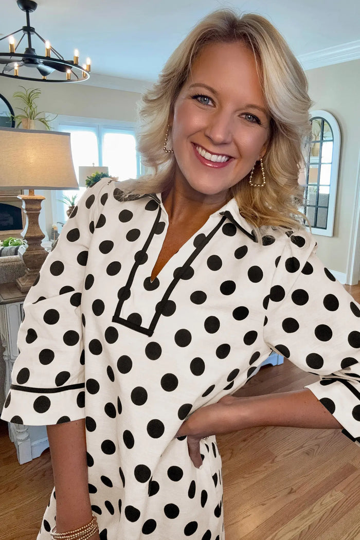 Polka Dot Half Sleeve Collar V Neck Pocketed Casual Mini Dress – White