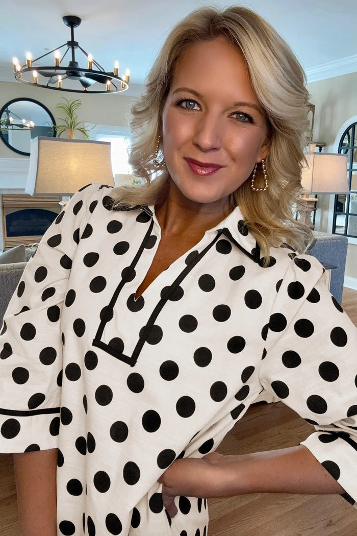 Polka Dot Half Sleeve Collar V Neck Pocketed Casual Mini Dress – White
