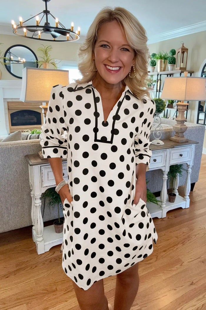 Polka Dot Half Sleeve Collar V Neck Pocketed Casual Mini Dress – White