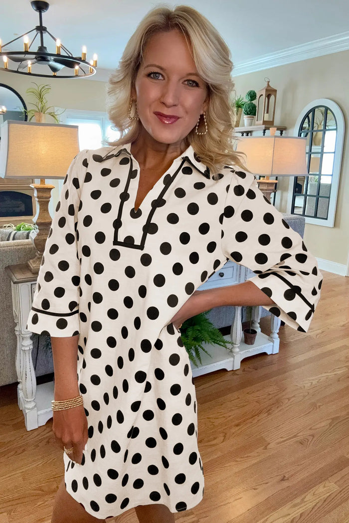Polka Dot Half Sleeve Collar V Neck Pocketed Casual Mini Dress – White