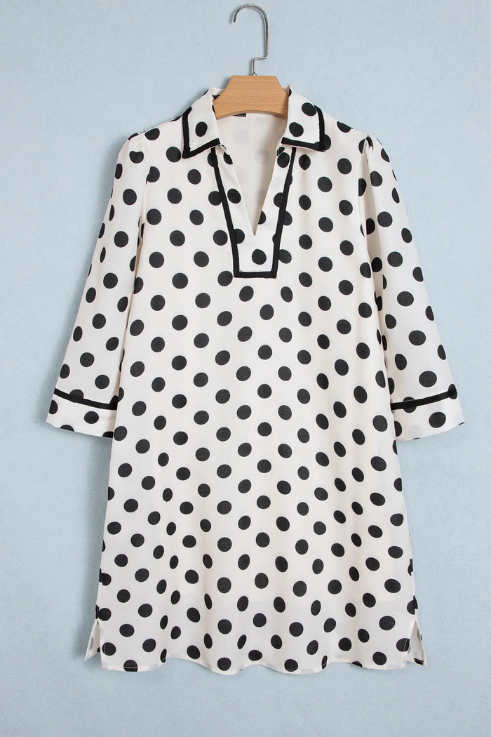 Polka Dot Half Sleeve Collar V Neck Pocketed Casual Mini Dress – White