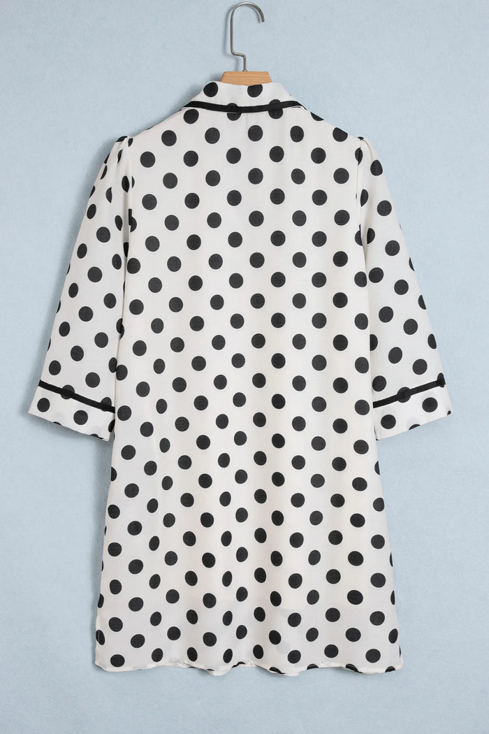 Polka Dot Half Sleeve Collar V Neck Pocketed Casual Mini Dress – White