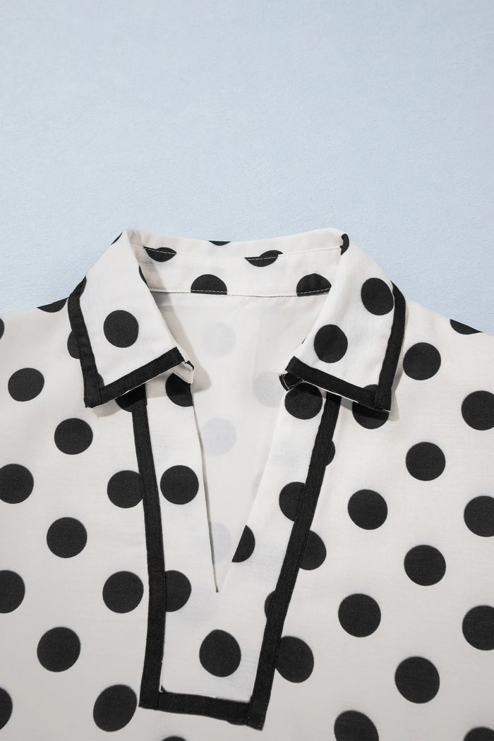 Polka Dot Half Sleeve Collar V Neck Pocketed Casual Mini Dress – White