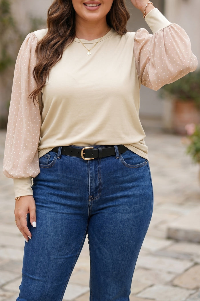 Polka Dot Long Sleeve Round Neck Plus Size Blouse – Parchment