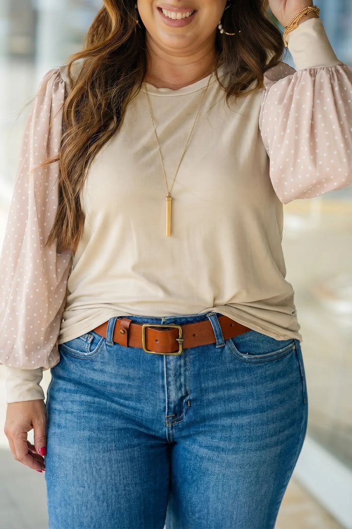 Polka Dot Long Sleeve Round Neck Plus Size Blouse – Parchment