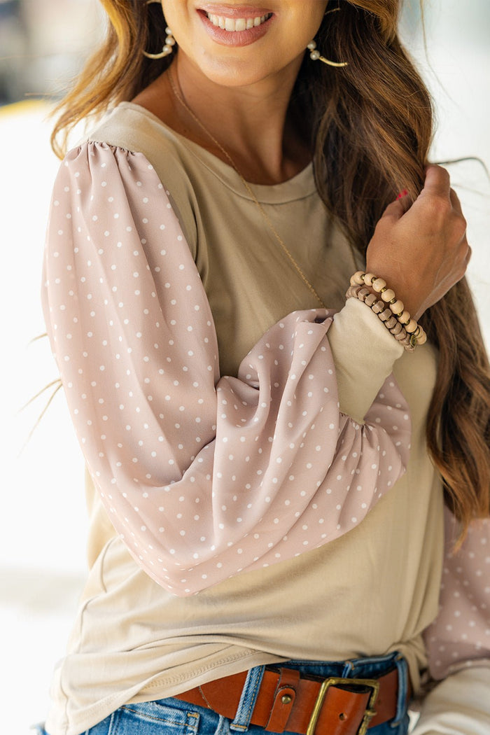 Polka Dot Long Sleeve Round Neck Plus Size Blouse – Parchment