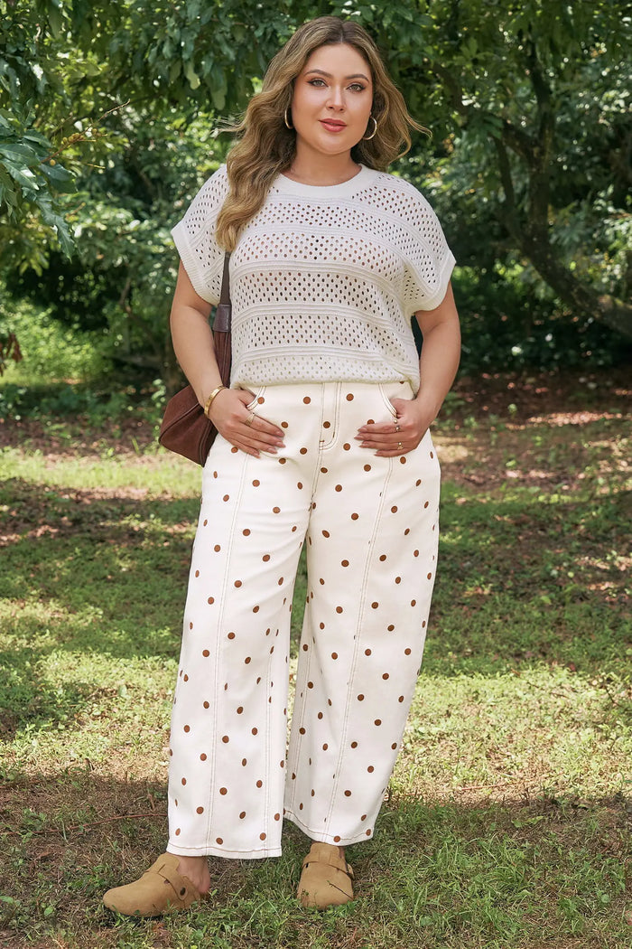 Polka Dot Print Plus Size Barrel Jeans – Beige