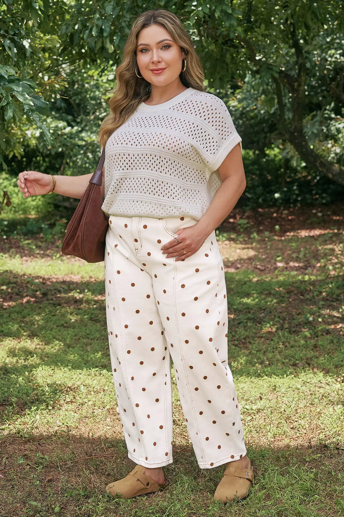 Polka Dot Print Plus Size Barrel Jeans – Beige