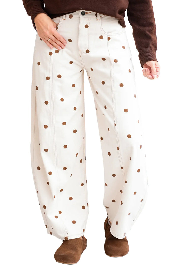 Polka Dot Print Plus Size Barrel Jeans – Beige