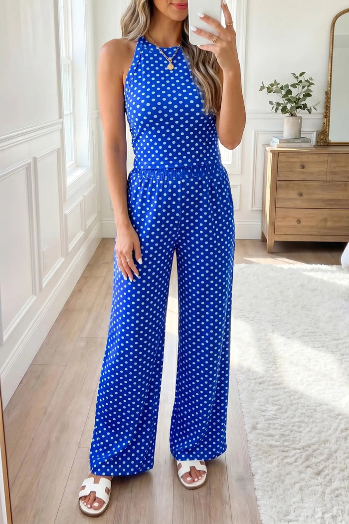 Polka Dot Print Slim Tank Loose Pants 2pcs Outfit – Blue