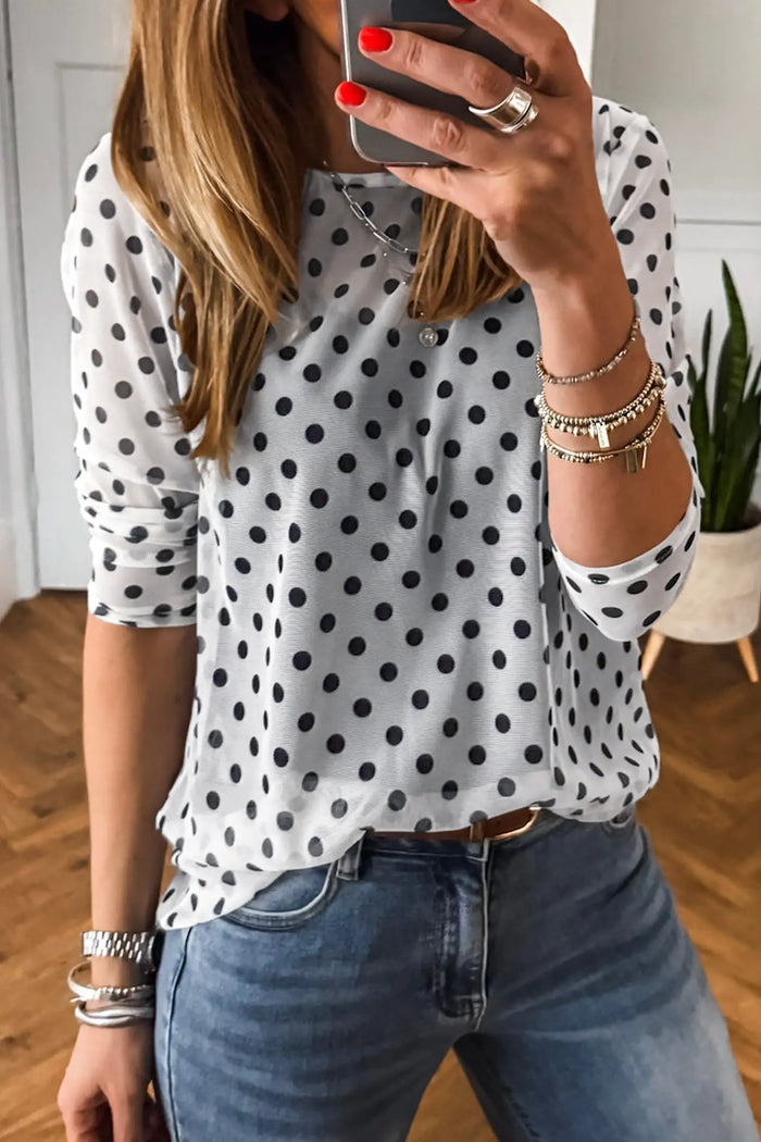 Polka Dot Sheer Mesh Long Sleeve Round Neck Shift Top – Black