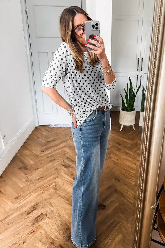 Polka Dot Sheer Mesh Long Sleeve Round Neck Shift Top – Black