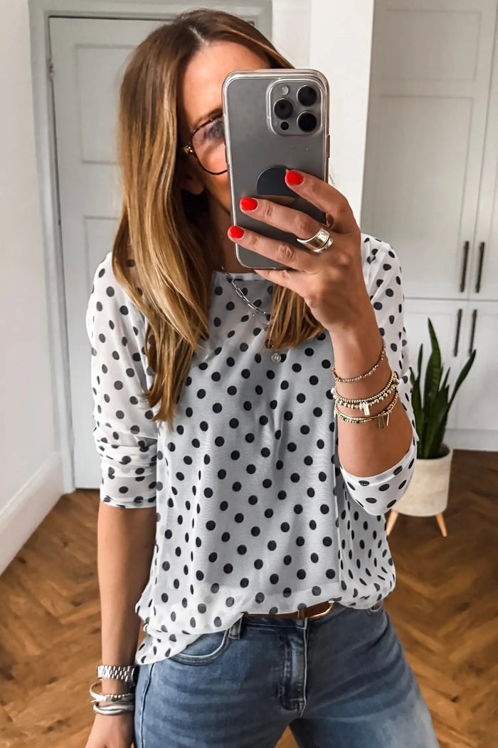 Polka Dot Sheer Mesh Long Sleeve Round Neck Shift Top – Black