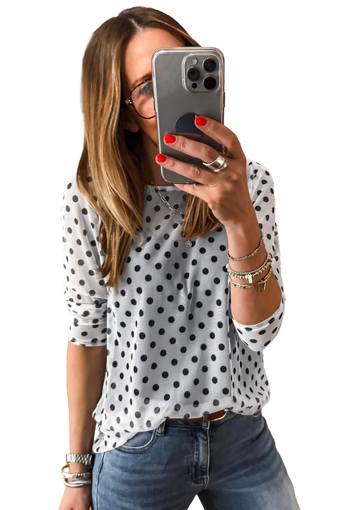 Polka Dot Sheer Mesh Long Sleeve Round Neck Shift Top – Black