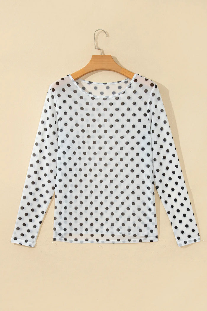 Polka Dot Sheer Mesh Long Sleeve Round Neck Shift Top – Black