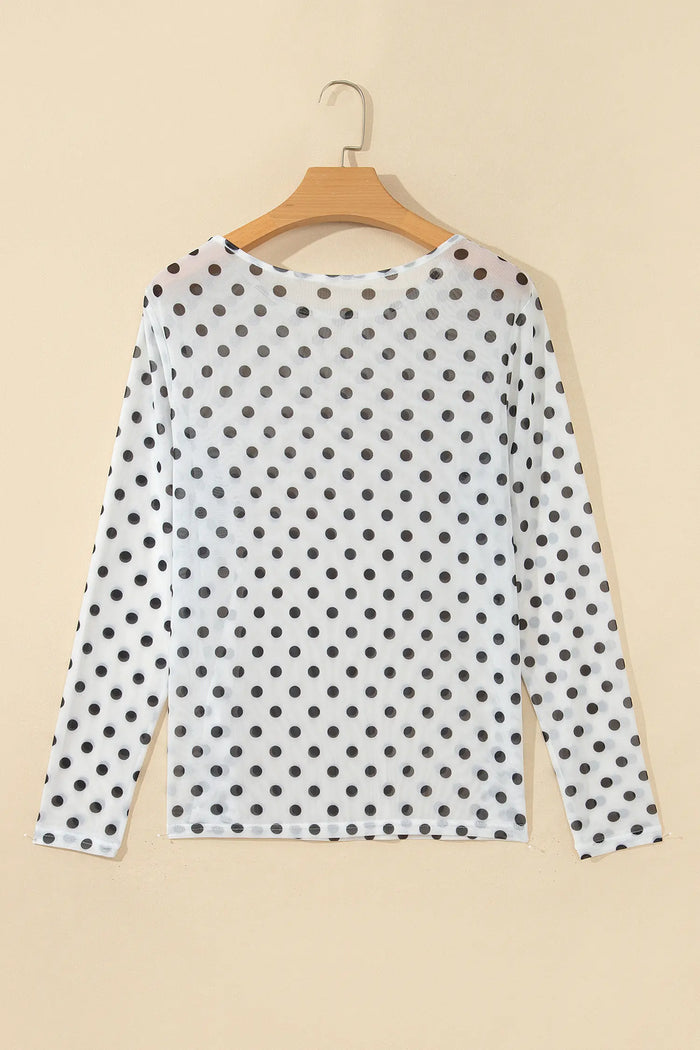 Polka Dot Sheer Mesh Long Sleeve Round Neck Shift Top – Black