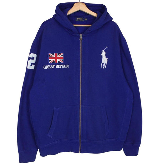 Polo Ralph Lauren blue hoodie with Big Pony logo, full zip, cotton material.