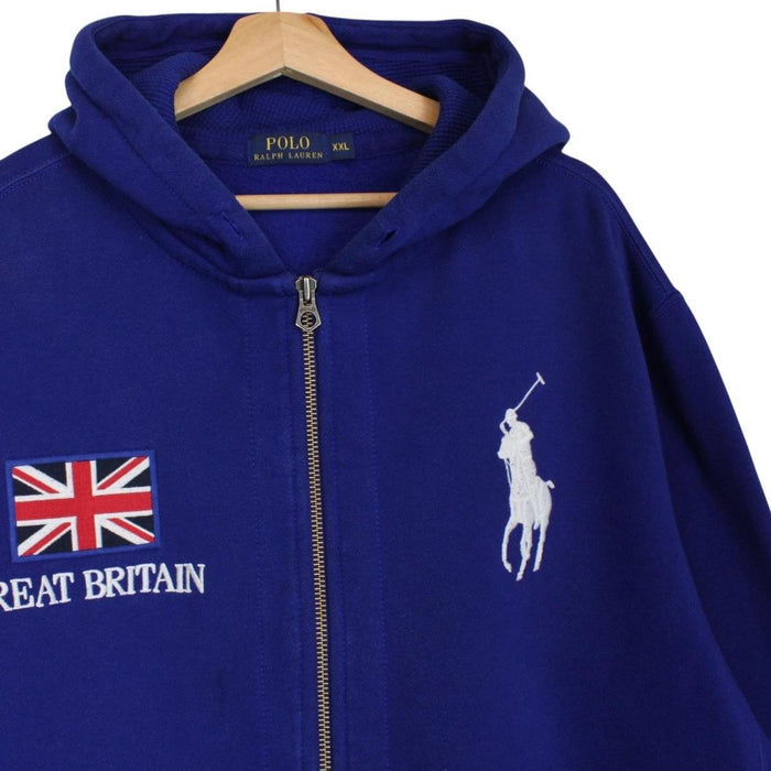 Polo Ralph Lauren blue hoodie with Big Pony logo, full zip, cotton material.