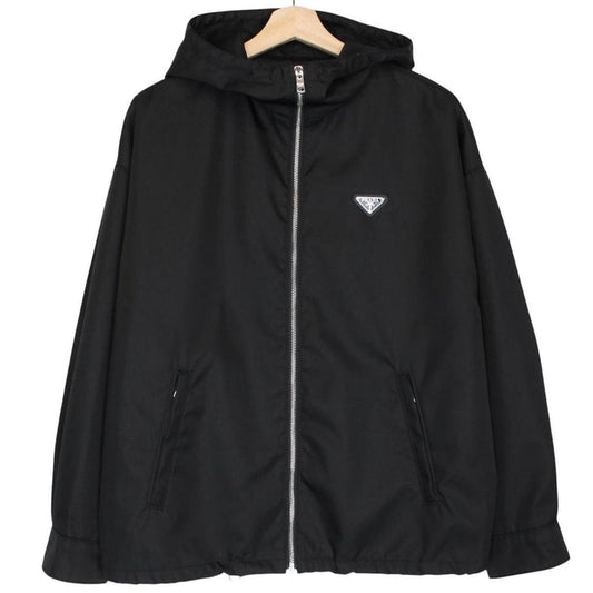 Prada black hooded jacket with full zip, Re-Nylon material, logo detail on sleeve.