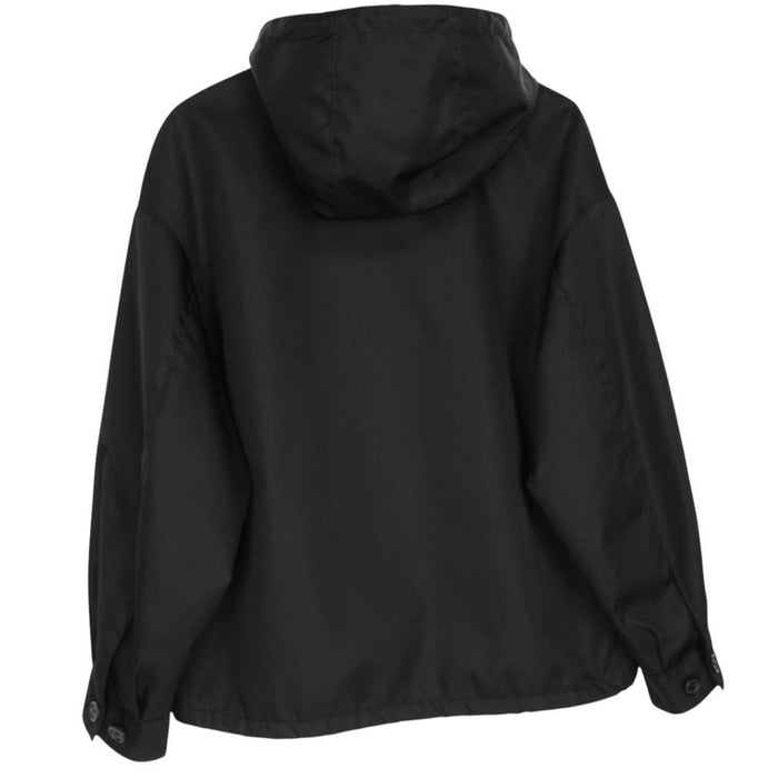 Prada black hooded jacket with full zip, Re-Nylon material, logo detail on sleeve.