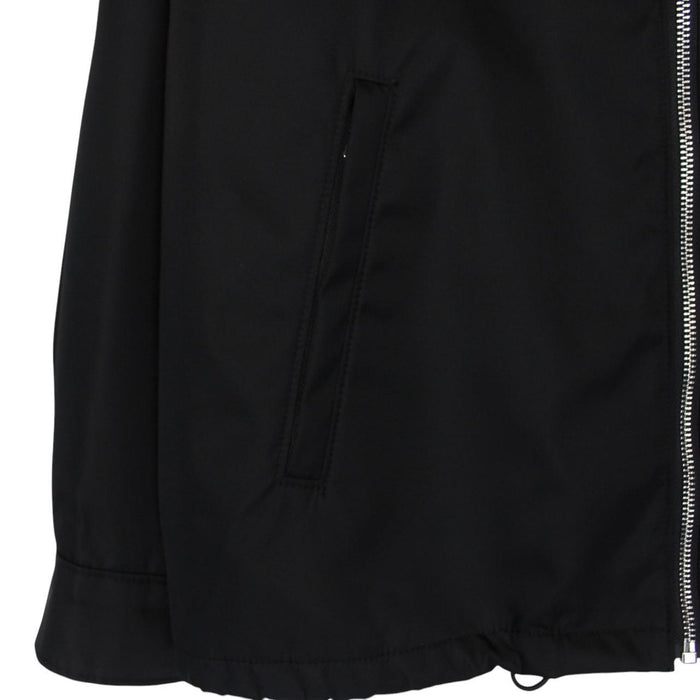 Prada black hooded jacket with full zip, Re-Nylon material, logo detail on sleeve.