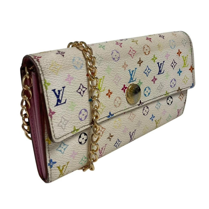 Louis Vuitton white crossbody wallet with multicoloured monogram and gold strap.