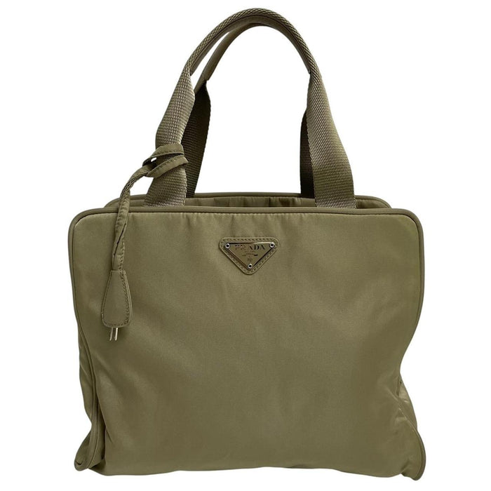 Prada green nylon duffel bag with logo detail and working lock and key.