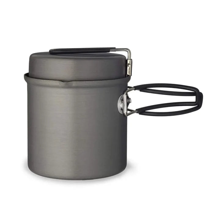 Primus Litech trek kettle with the main hadles open on a white background
