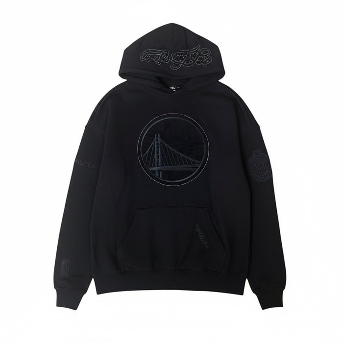 Black Pro Standard Golden State Warriors blackout hoodie with drop shoulder design and team logo on front.