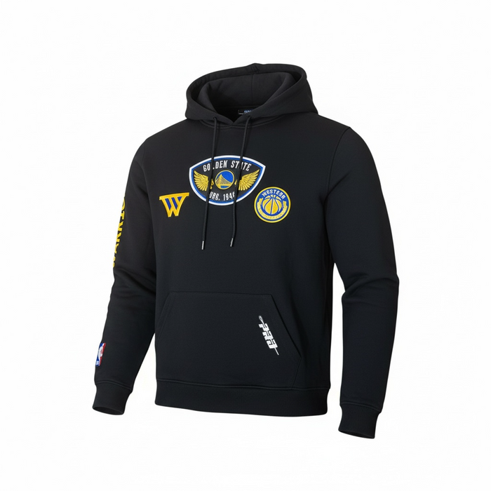 Black Pro Standard Golden State Warriors "Born For Sport" hoodie with team logo and design details.