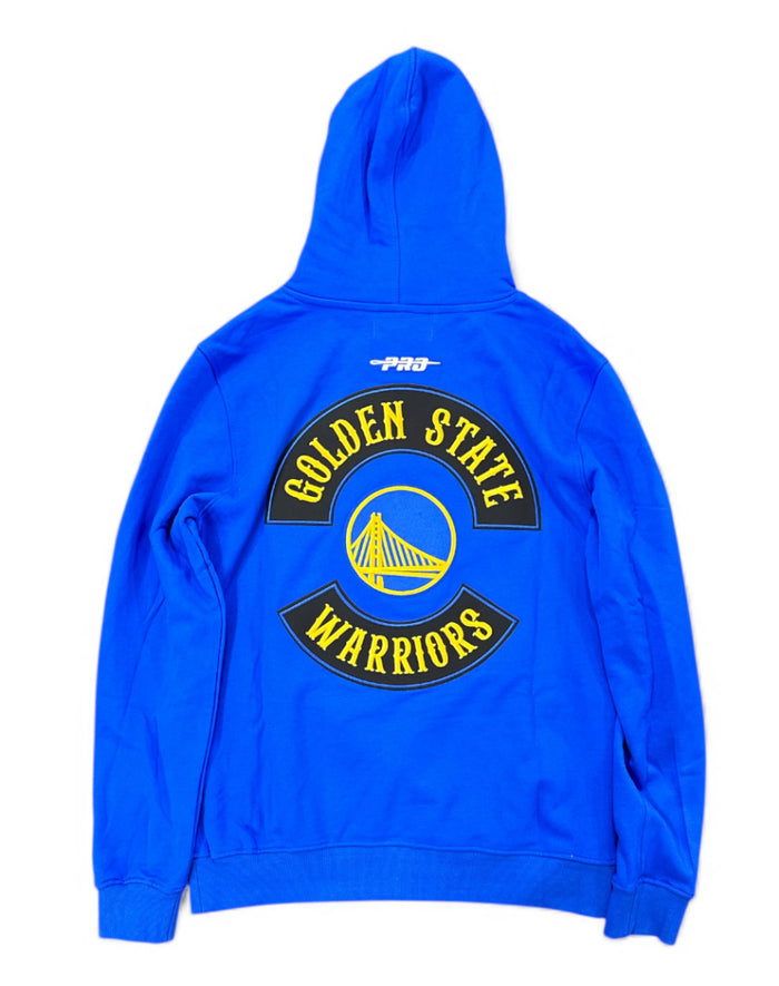 Pro Standard Golden State Warriors royal blue hoodie with 'Born For Sport' logo and team branding on front.