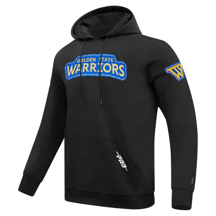 Black Pro Standard Golden State Warriors DIY Pick Stitch hoodie with team logo and detailed stitching on the front.