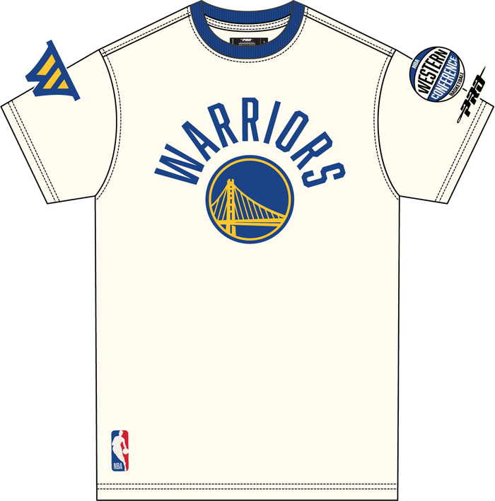 Golden State Warriors Pro Standard Modern Originals T-Shirt in eggshell color, featuring team logo and design on front.