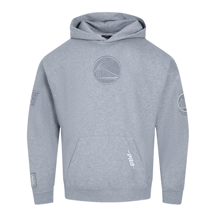 Pro Standard Golden State Warriors dark heather grey reverse French terry fleece hoodie with team logo and design details.