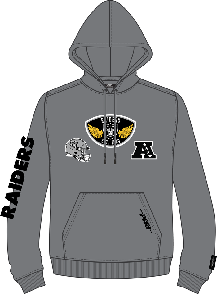 Grey Pro Standard Las Vegas Raiders "Born For Sport" hoodie with Raiders logo and sporty design, front view.