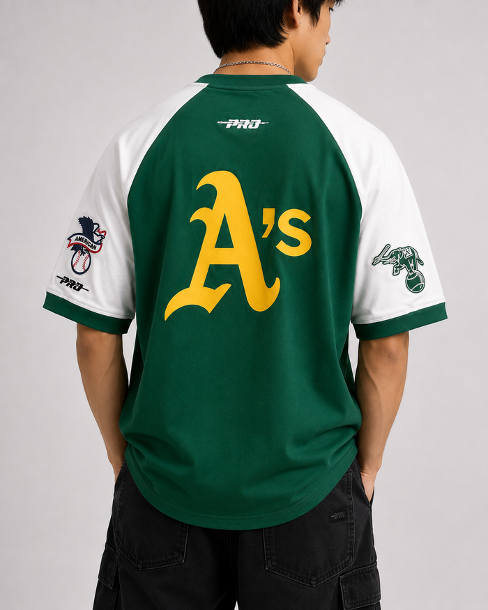 Pro Standard Oakland Athletics 'First Team' Short Sleeve Raglan Shirt in Eggshell/Kelly Green