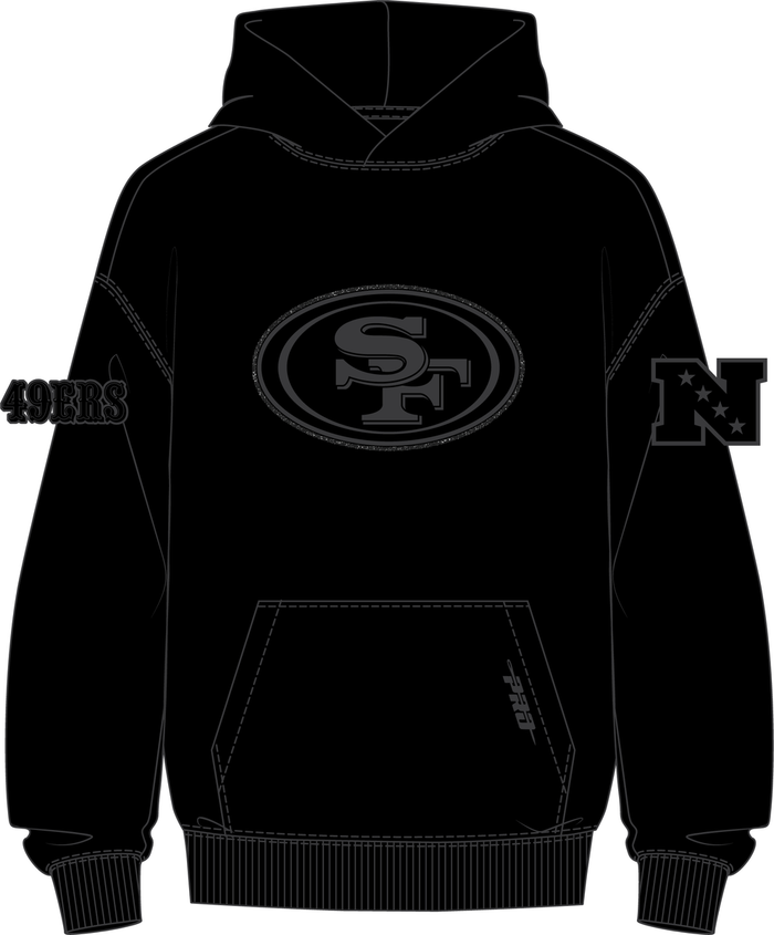Pro Standard San Francisco 49ers Blackout drop shoulder hoodie in black, featuring team logo and comfortable fit.