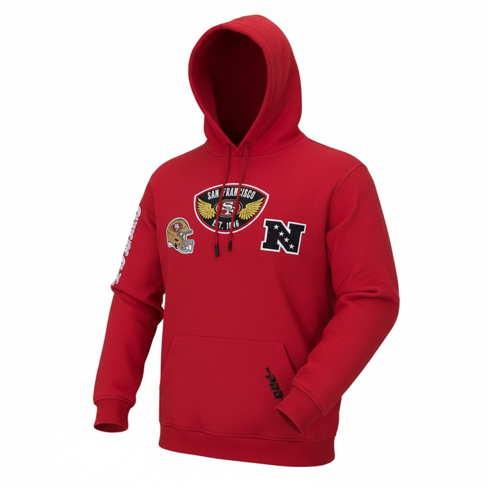 Red Pro Standard San Francisco 49ers hoodie with "Born For Sport" slogan and team logo, casual athletic hoodie for fans.