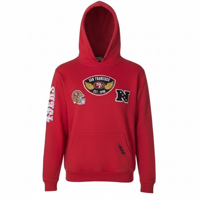 Red Pro Standard San Francisco 49ers hoodie with "Born For Sport" logo, featuring a cozy hoodie design and team branding.