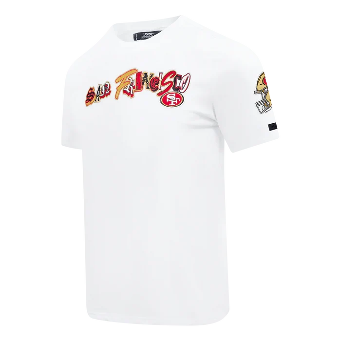 Pro Standard San Francisco 49ers City Ransom white T-shirt with team logo and graphic design on front.