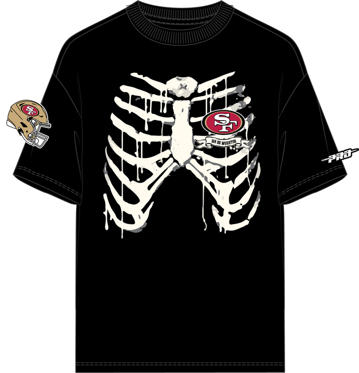 Black Pro Standard San Francisco 49ers Dia De Muertos T-shirt featuring team logo and festive skull design.