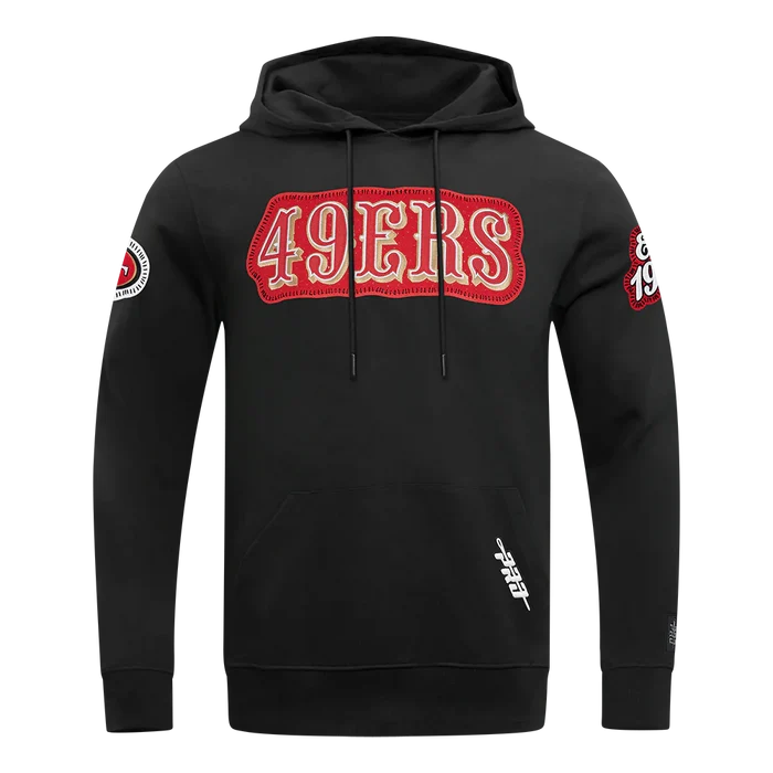 Black Pro Standard San Francisco 49ers DIY Pick Stitch hoodie with team logo and detailed stitching visible.